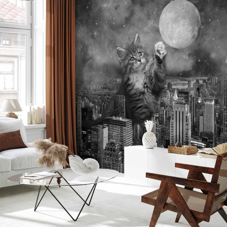 Wall Mural Animal in New York - cat on the background of the moon and the city in grey