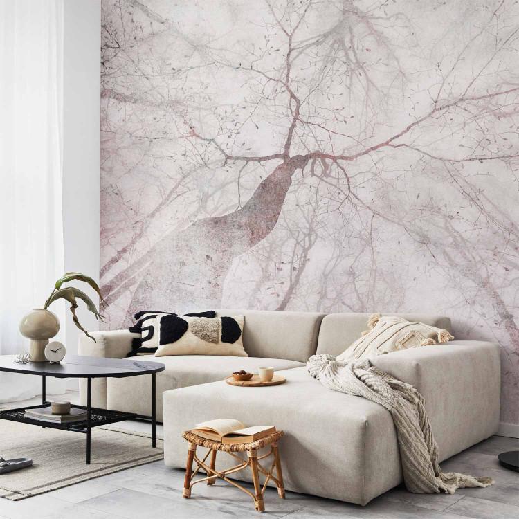 Wall Mural Mist - treetop landscape in white with pink elements