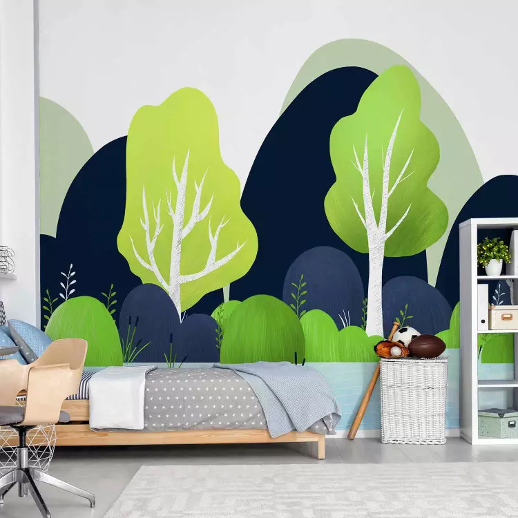 Wall Mural Landscape for children - blue and green nature with mountain motif