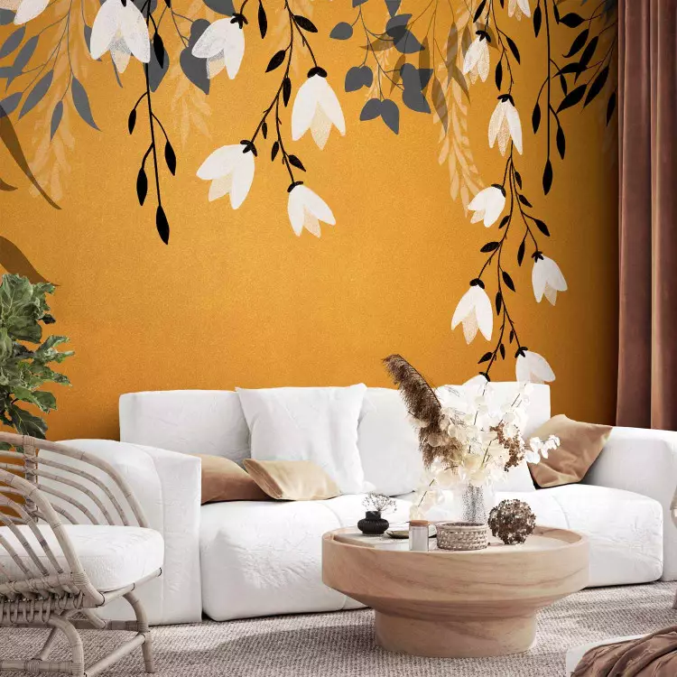Wall Mural Orange energy - landscape with a composition of leaves and white flowers