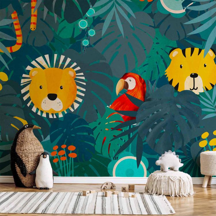 Wall Mural Jungle - animal motif on a background with blue leaves and a red parrot