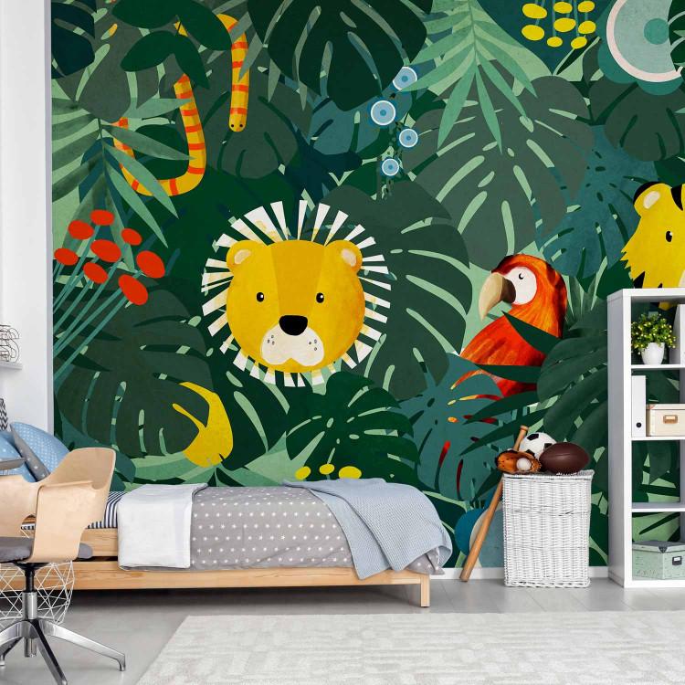 Wall Mural Jungle - animal motif on background with green leaves and red parrot
