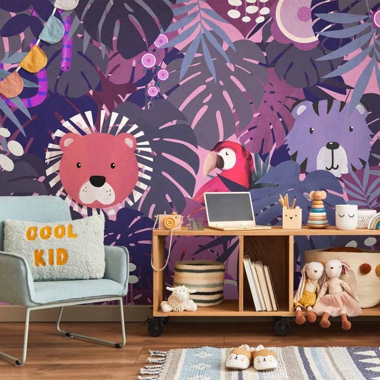Wall Mural Jungle - animal motif for children on a background in shades of purple and pink