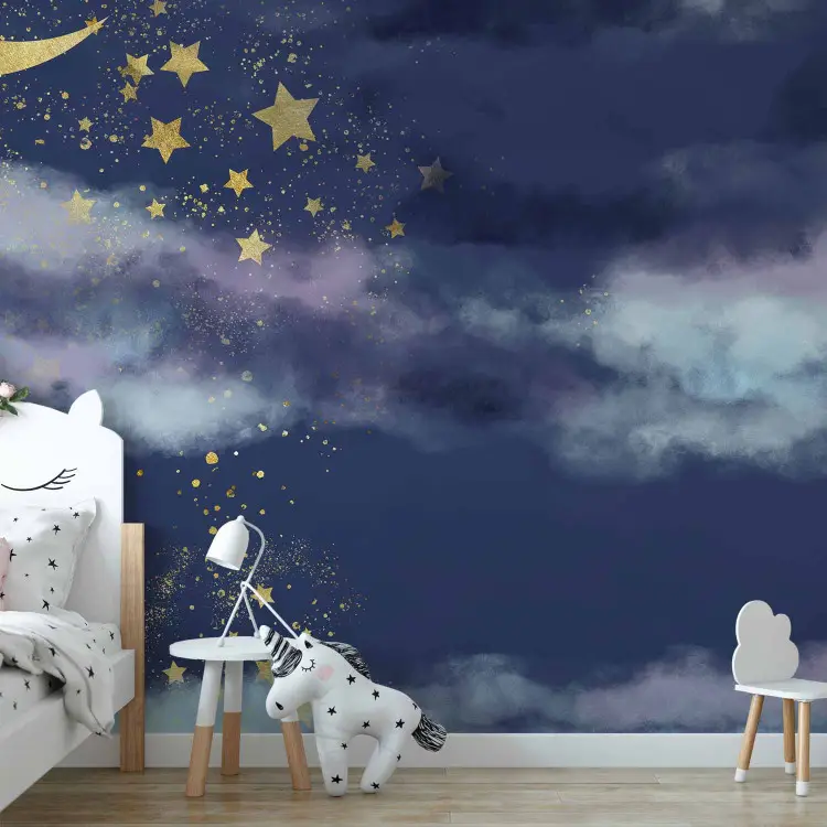 Night sky - children's landscape with golden moon and stars