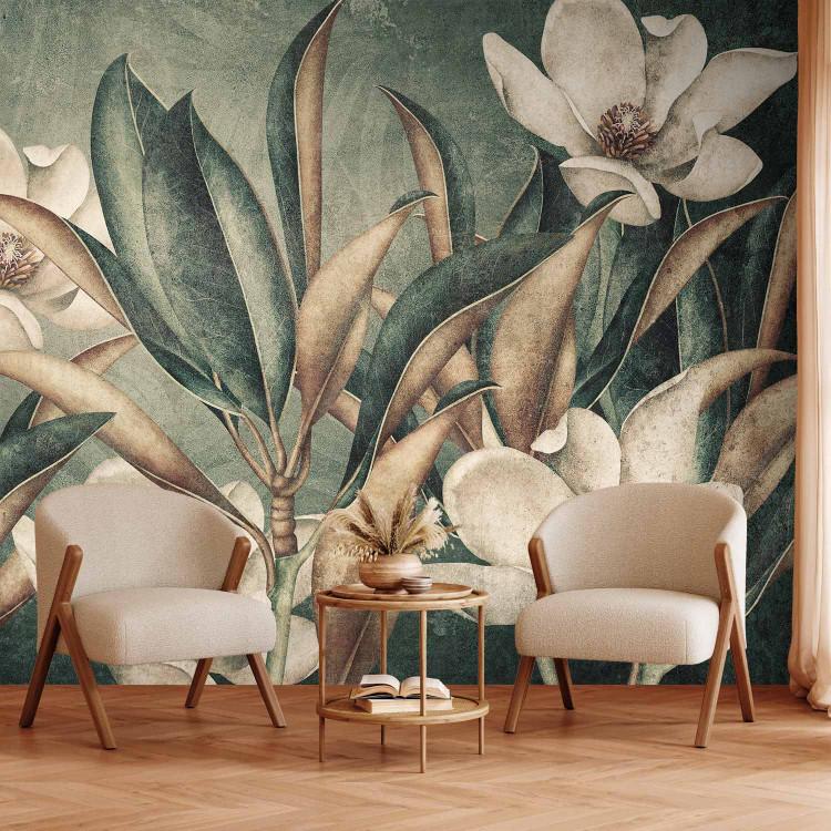 Wall Mural Wild nature - white flowers on a green background in muted colours