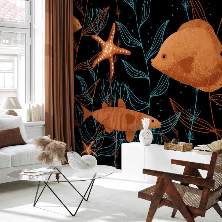 Wall Mural Fish in the ocean - aquatic animals surrounded by plants on a black background