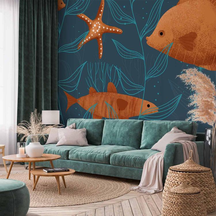 Wall Mural Fish in the ocean - aquatic animals surrounded by plants on a blue background