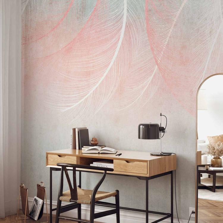 Wall Mural Natural veil - nature landscape with pink feathers on blue background