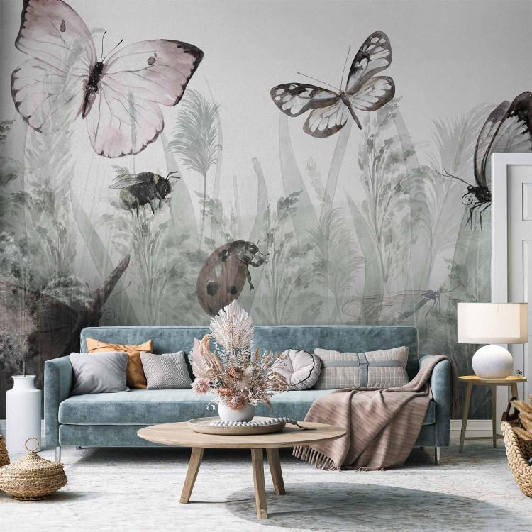 Wall Mural Landscape - butterflies and ladybirds among tall grasses in shades of grey