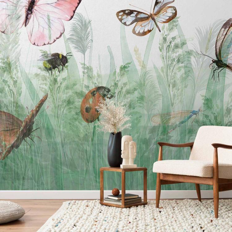 Wall Mural Landscape - wild animals in tall grasses in shades of green