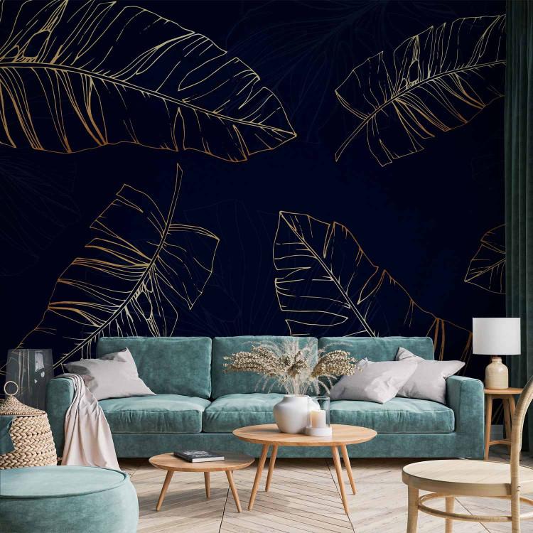 Wall Mural Nature's twitch - golden outline of exotic leaves on a dark blue background