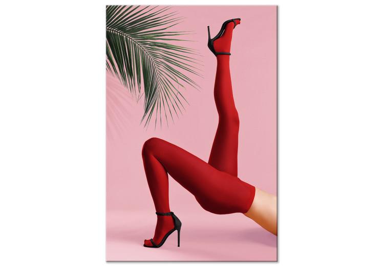 Canvas Print Red Tights (1-piece) - female legs against a green palm tree background