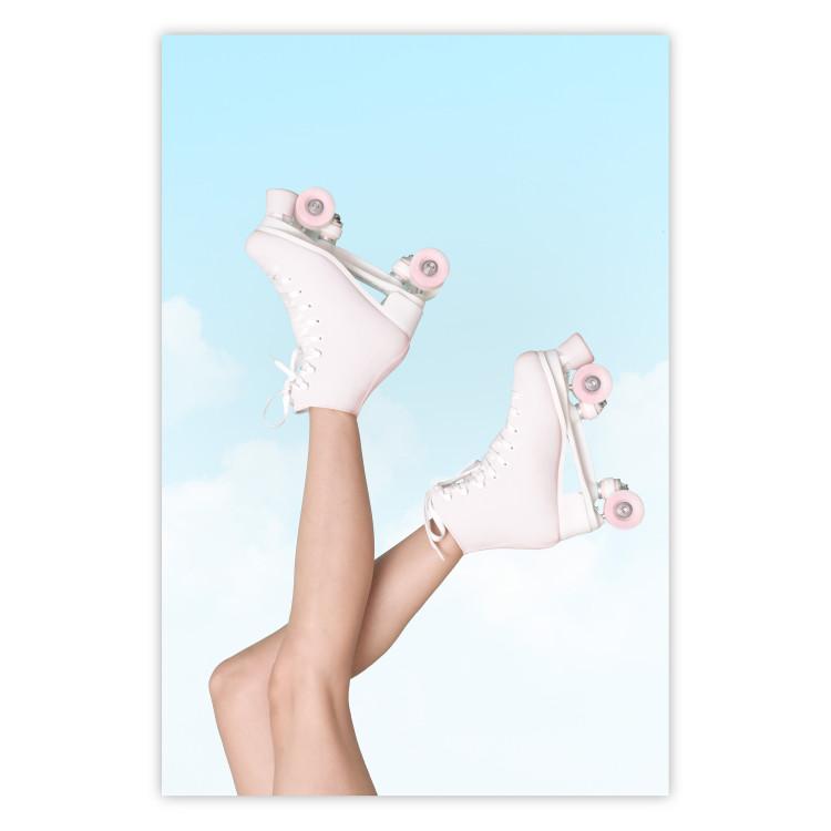 Poster Pink Roller Skates Against a Blue Sky - Girl Swinging Her Legs