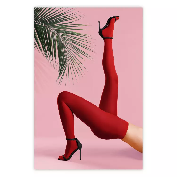 Red Tights - Woman Legs, High Heels and Palm Leaf on a Pink Background