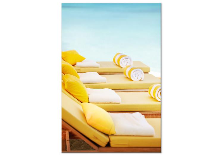 Canvas Print Holiday Relaxation (1-piece) - yellow sun loungers and blue sea in the background