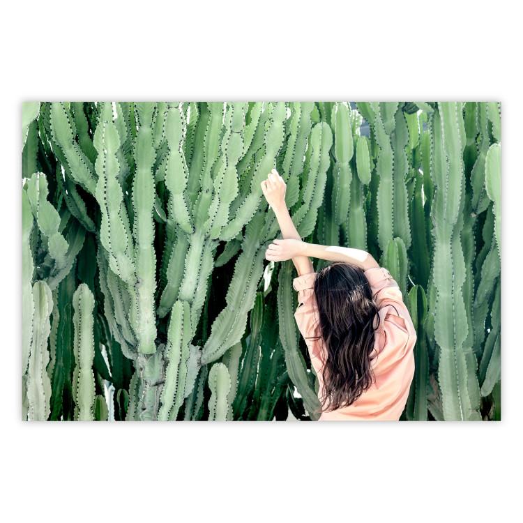 Poster Relax - Green Cactuses and a Young Woman in a Pink Blouse