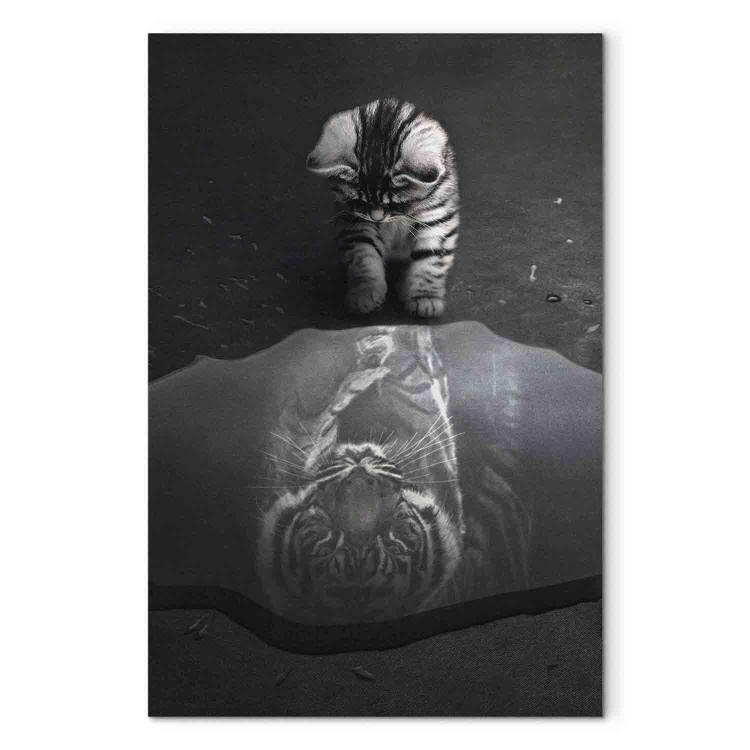 Canvas Print Predatory Animal (1-piece) - cat with a tiger reflection in a puddle