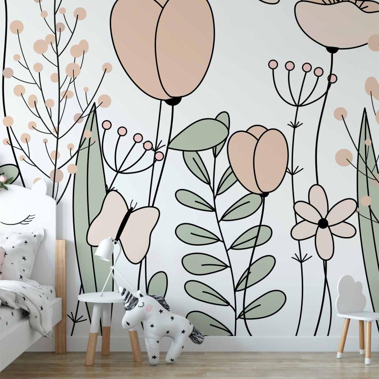 Wall Mural Drawn field meadow - graphic linear pink flowers leaves and butterflies