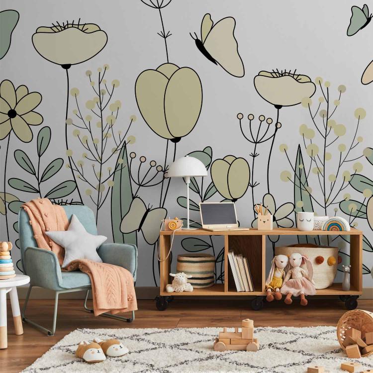 Wall Mural Drawn field meadow - graphic linear yellow flowers leaves and butterflies