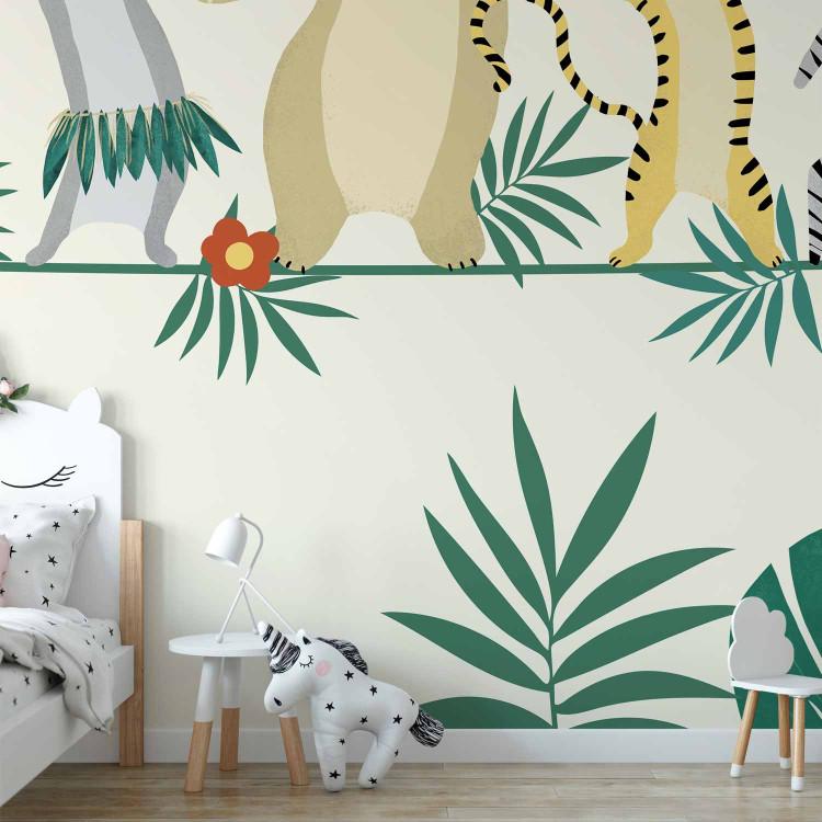 Wall Mural Dancing animals - monkey, hare, tiger, bear and zebra on yellow background