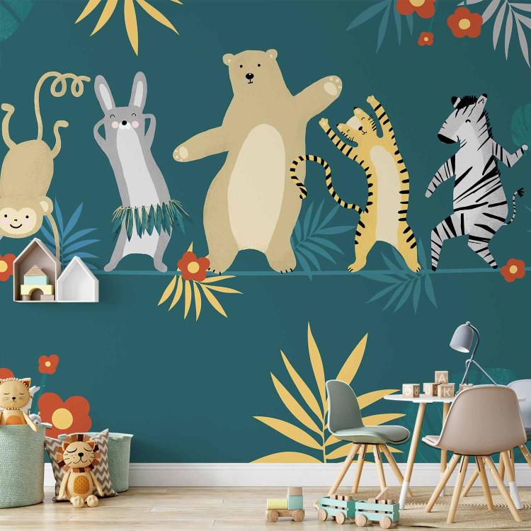Wall Mural Dancing animals - monkey, hare, tiger, bear and zebra on dark background