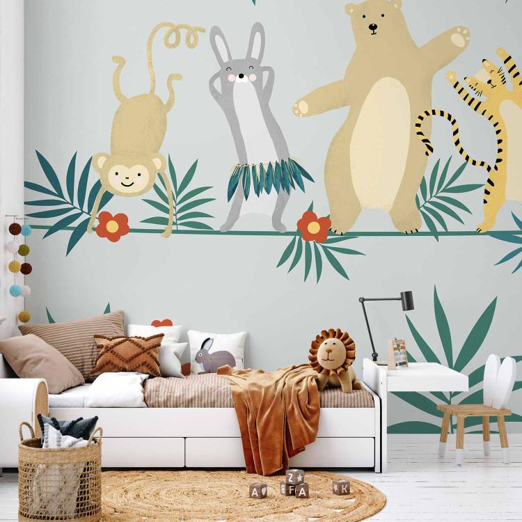 Wall Mural Dancing animals - monkey, hare, tiger, bear and zebra on grey background