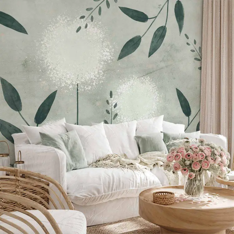 Abstract dandelions - green twigs with leaves on a patterned background