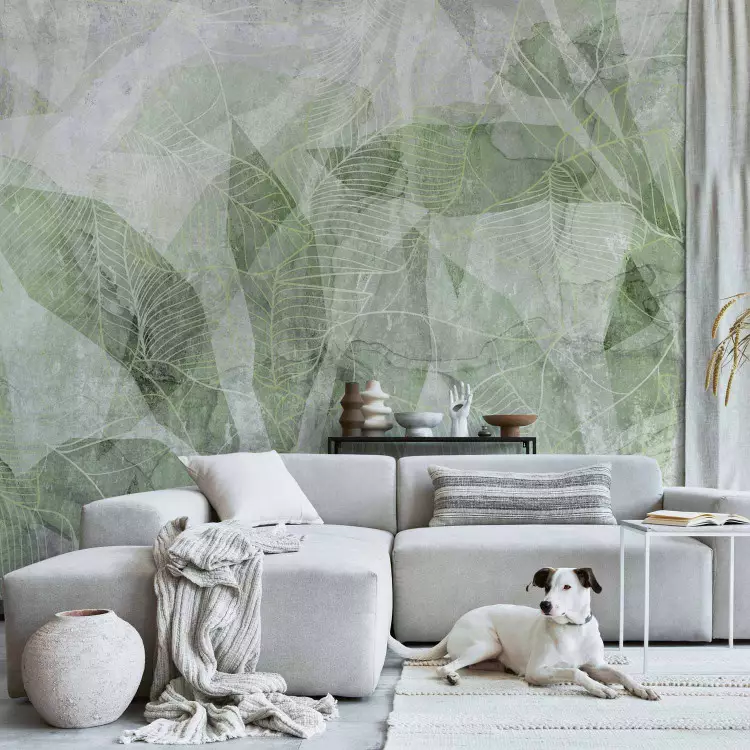 Abstract shadow - interlaced shapes and outline of leaves - green
