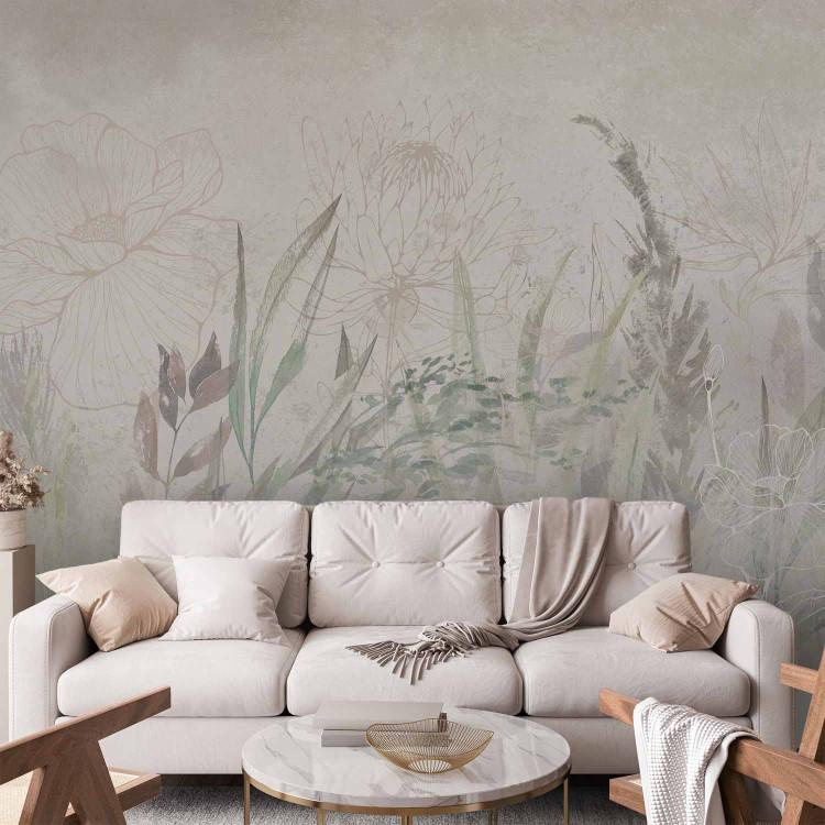 Wall Mural Boho-Style Garden - Airy Flowers and Grasses in Grays and Greens