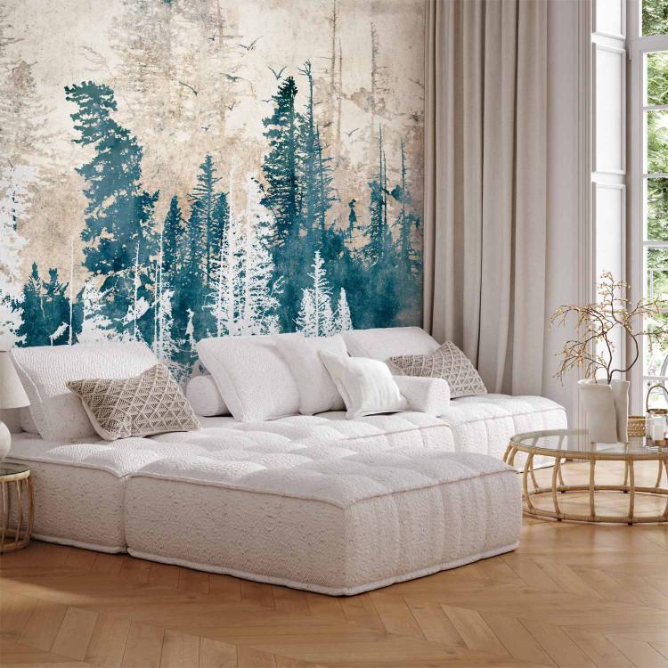 Wall Mural Flying birds - landscape of an abstract blue forest with trees