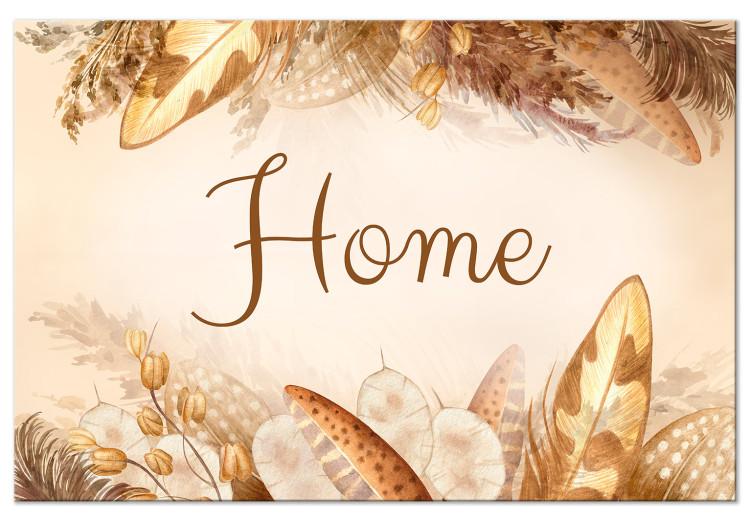 Canvas Print Home Sign (1-piece) - decorative feathers and grass in warm colors