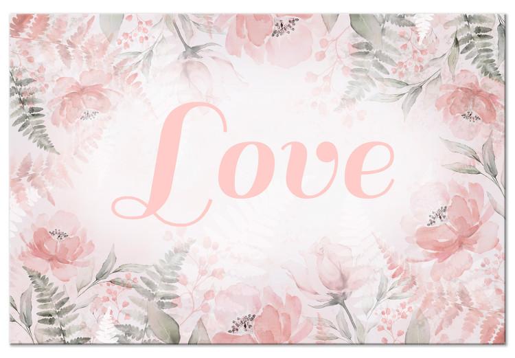Canvas Print Love (1-piece) - love inscription on a pink background with flowers and leaves