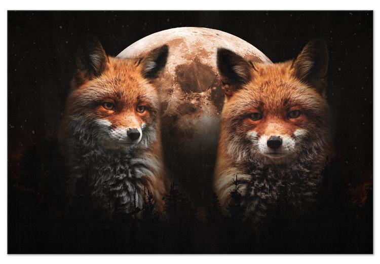 Canvas Print Forest Animals (1-piece) - two foxes and a moon on a black background
