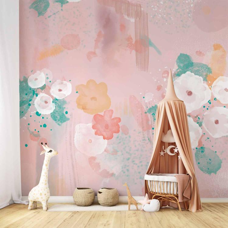Wall Mural Painted flowers - abstract composition of different spots on pink background