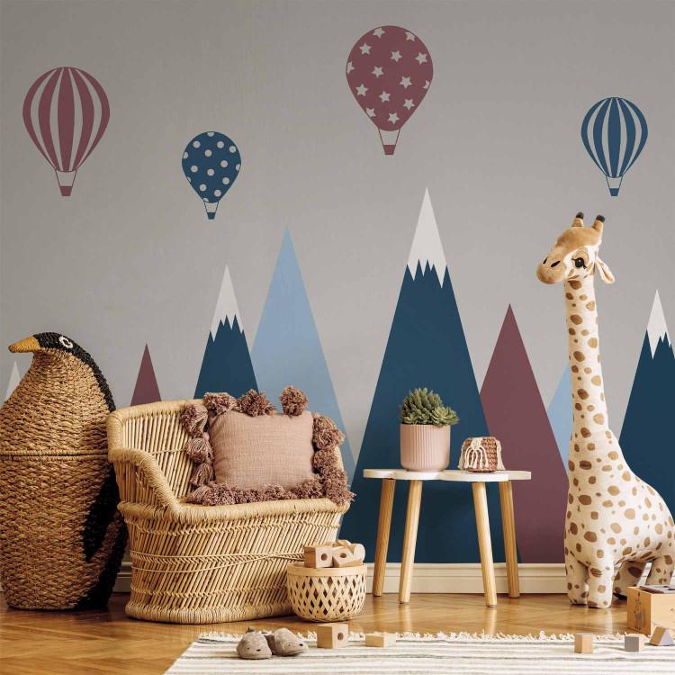 Wall Mural Children's landscape - graphic with balloons over blue and red mountains