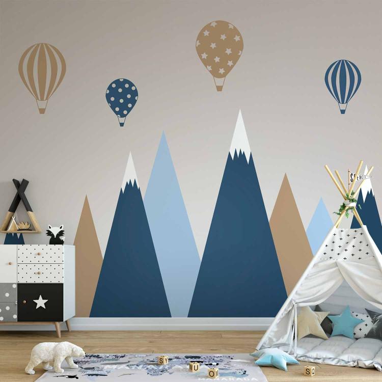 Wall Mural Children's landscape - graphic with balloons over blue and beige mountains