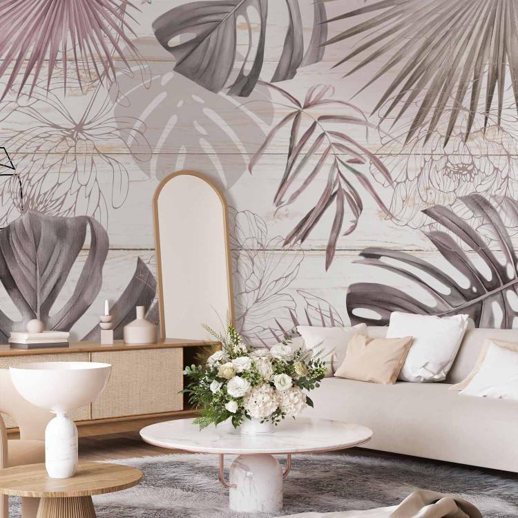 Wall Mural Plant composition on wood - flowers and leaves in cool tones