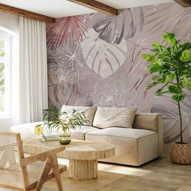 Vegetable landscape - flowers and exotic leaves in pink and grey tones