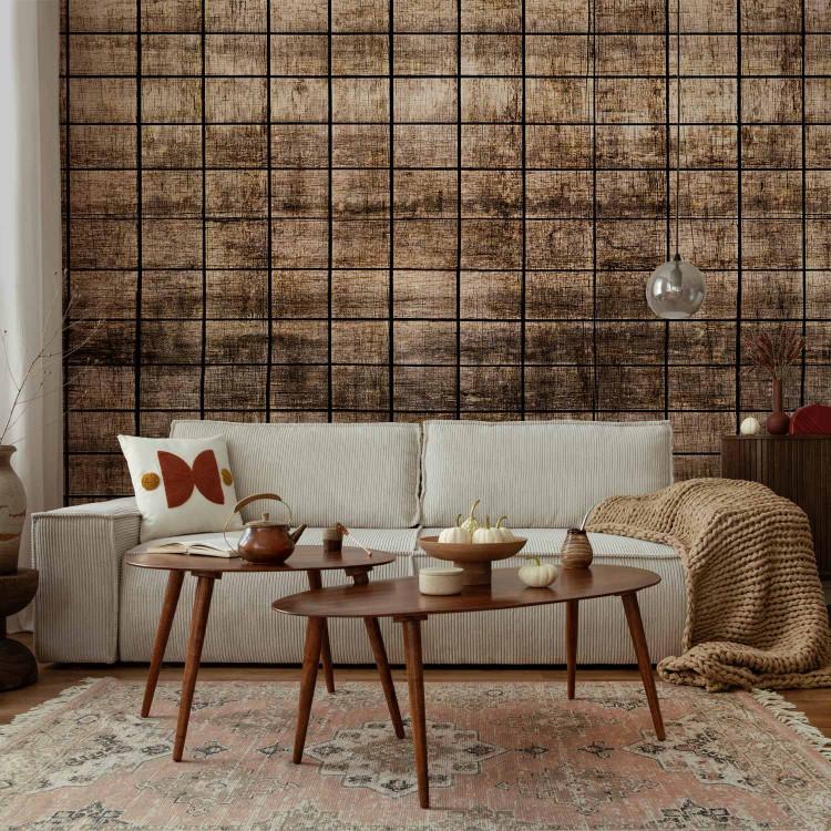 Wall Mural Wooden tiles - brown background with small rectangular mosaic boards