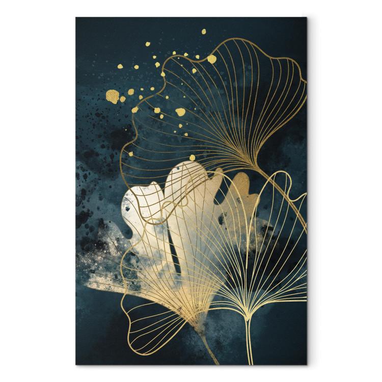 Canvas Print Nature in Abstraction - Golden Ginkgo Leaves on Turquoise Watercolors