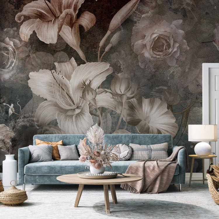 Wall Mural Flowers in vintage style - various pale large white plants on a dark background