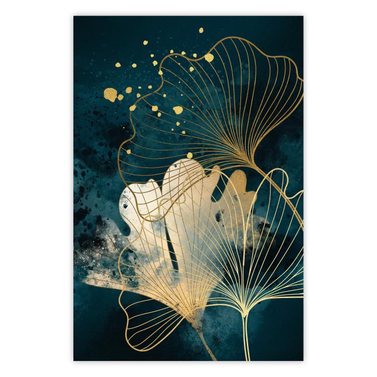 Poster Nature in Abstraction - Golden Ginkgo Leaves and Turquoise Watercolors