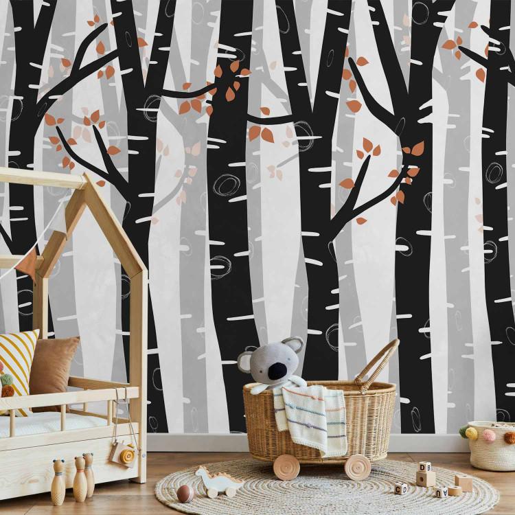 Wall Mural Birch forest - black and white trees with brown leaves on branches