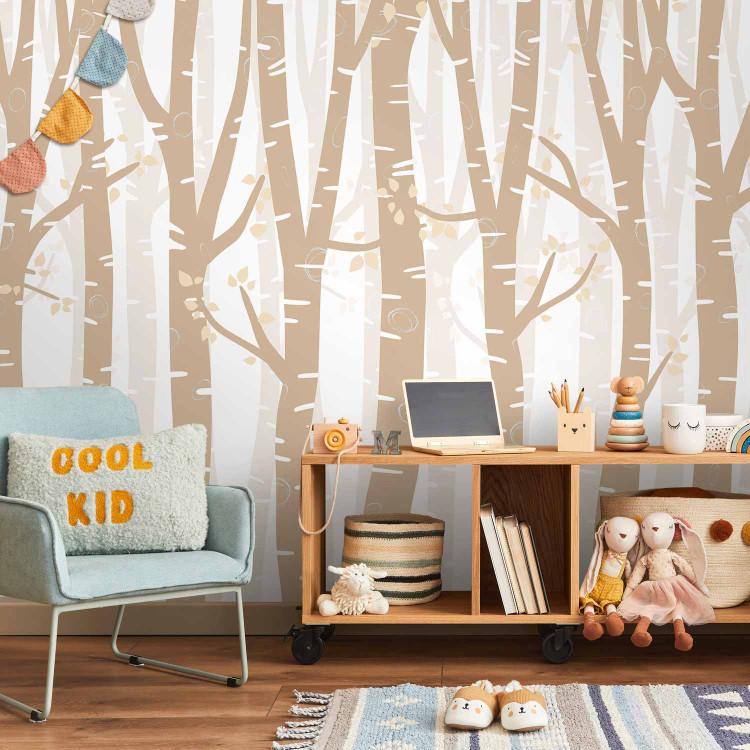 Wall Mural Pastel forest - beige birch trees with light leaves on branches