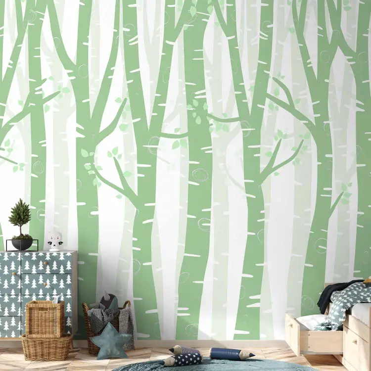 Pastel forest - green birch trees with light leaves on branches