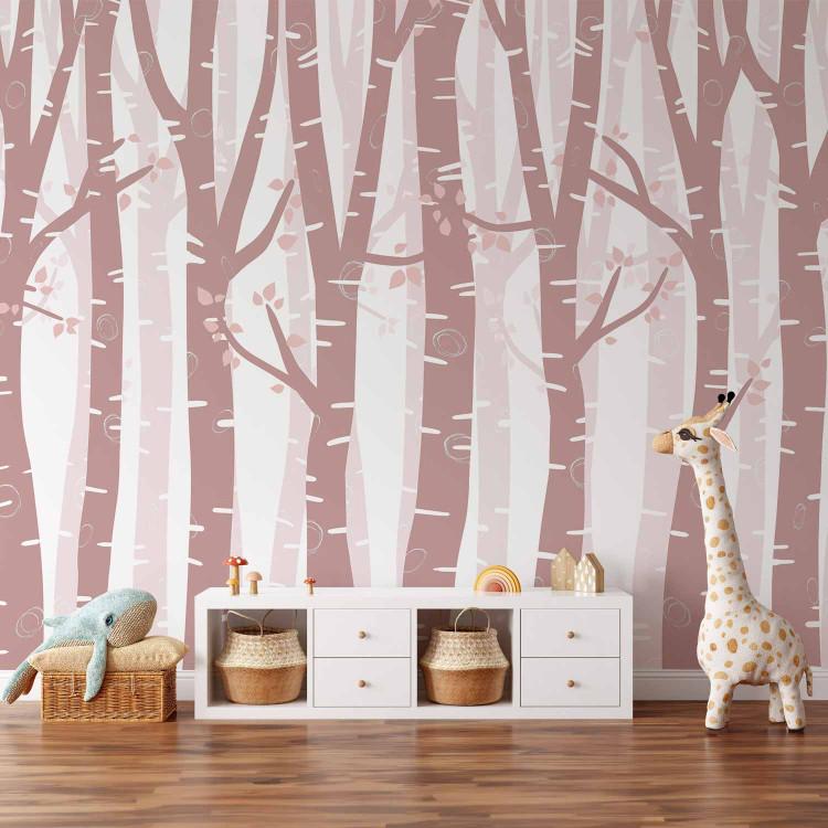 Wall Mural Pastel forest - pink birch trees with light leaves on branches