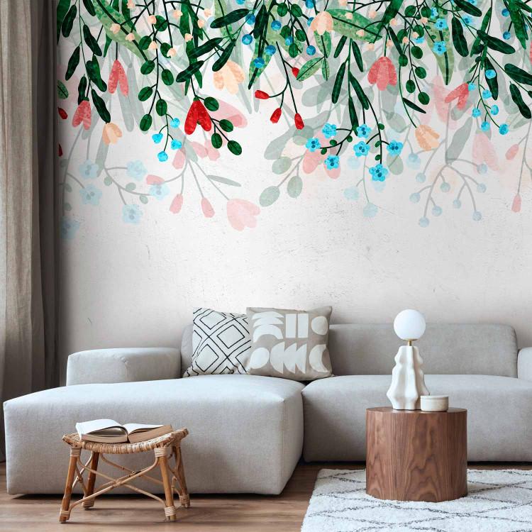 Wall Mural Vegetable meadow hanging - nature motif with leaves and coloured flowers on concrete
