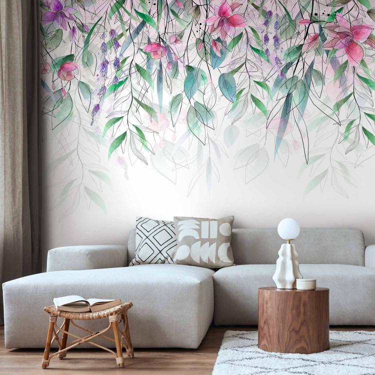 Wall Mural Watercolor Meadow - Pink Flowers and Delicate Leaves on a White Background