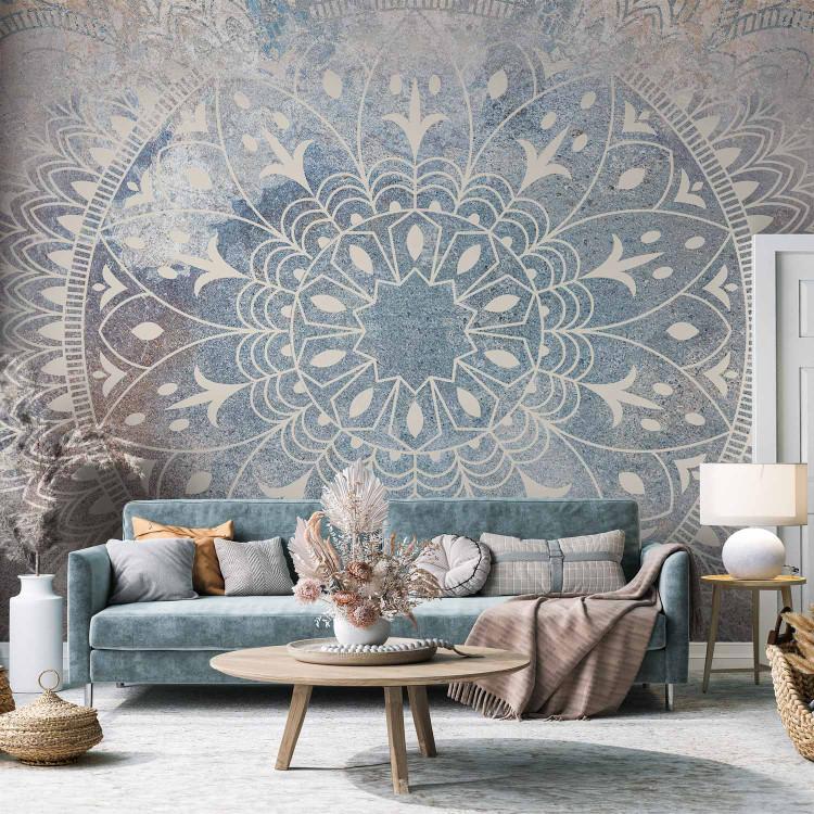 Wall Mural Mandala - Bright Ornament in Cream Color on a Blue Background