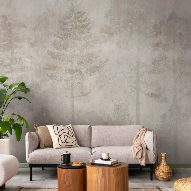 Sleepy Forest - Graphics With Trees on a Stone Beige and Cream Background